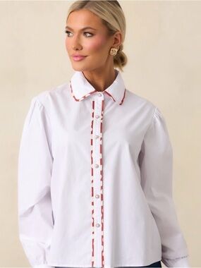 NWT Prosperina Vivian White Trim Cotton Button Down Top Medium